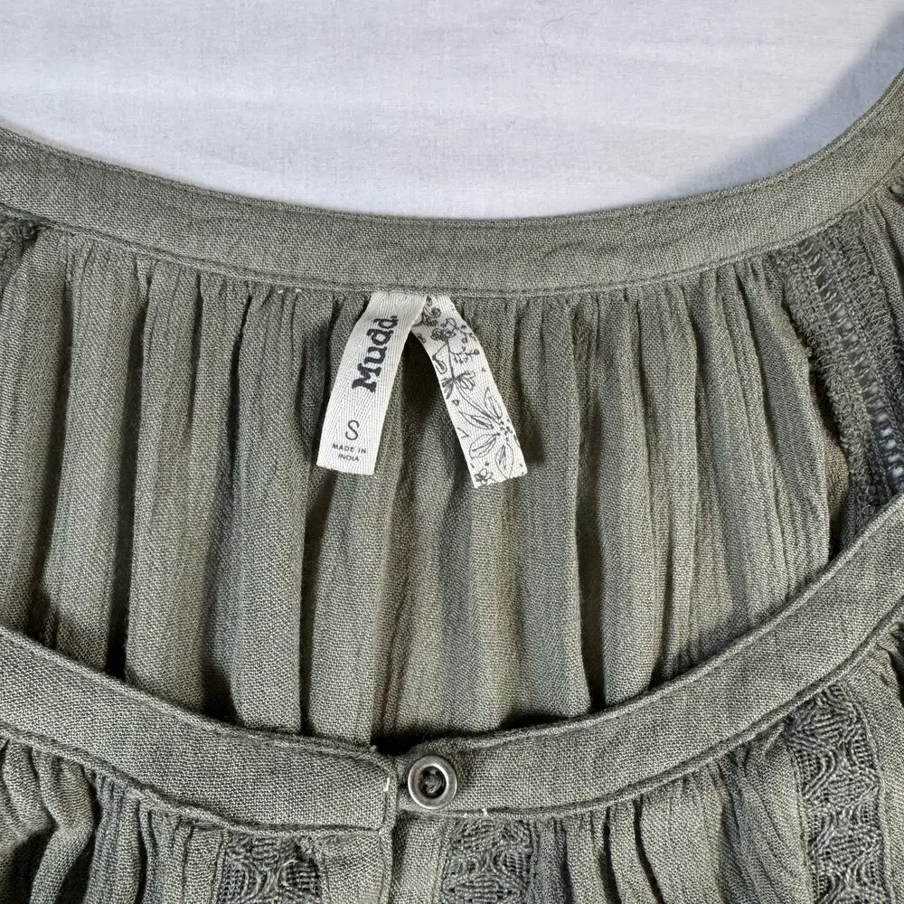Mudd Small Olive Flowy Rayon Blouse Crochet Detail 3/4 Peasant Sleeve Boho Top - Picture 5 of 6
